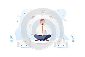 Office Worker Meditating Flat Vector Illustration. Calm, Relaxed Businessman in Yoga Pose. Procrastination Cartoon