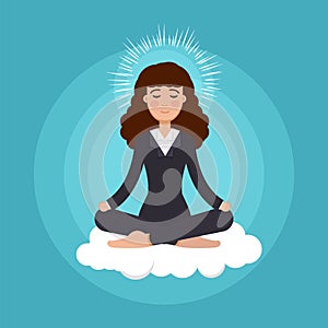 Office worker meditating, sitting in lotus pose. Business Woman meditation concept.