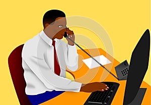 Vector illustration of a black office worker talking on the phone while typing on his computer photo