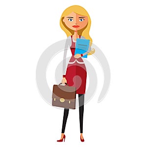 Office worker is ready to work.Woman secretary. Vector flat cartoon illustration.