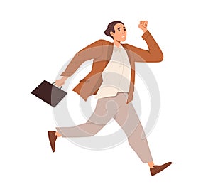 Office worker running fast, hurrying to be in time at work. Busy employee rushing. Stressed man is late with deadlines