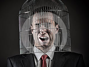 Office worker`s head inside a birdcage photo