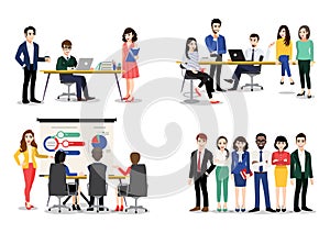 Office worker set. Bundle of men and women taking part in business meeting, negotiation, brainstorming, talking to each other.