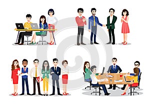 Office worker set. Bundle of men and women taking part in business meeting, negotiation, brainstorming, talking to each other.