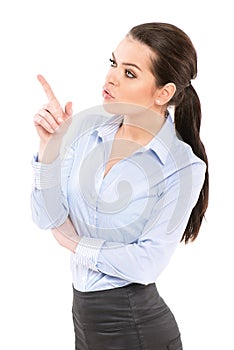 Office worker showing by finger