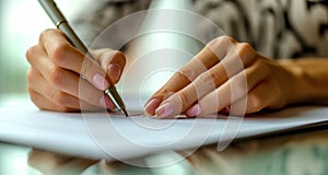 Office worker signing document with pen, corporate paper reports picture