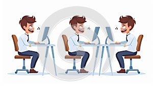 An office worker sits on the desk with a computer with several expressions on his face. The illustration shows him with