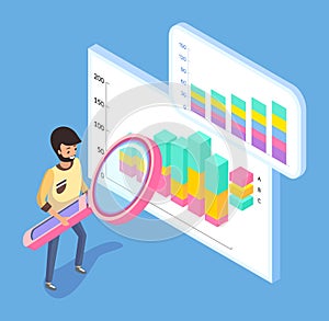 Office worker stand near board with visual presentation holding magnifying glass, 3d isometric