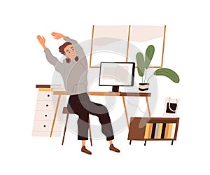Office worker stretching at break after work with computer. Happy man sitting at workplace at end of workday. Employee photo