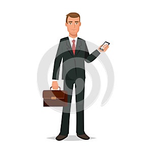 Office worker, in strict business suit, with briefcase in hands.