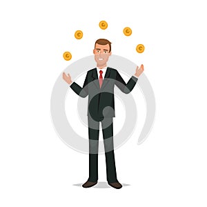 Office worker, in strict business suit, juggles coins in air.