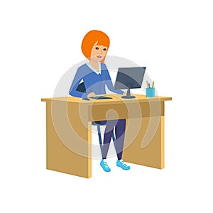 Office worker, in strict clothes, working at computer in cabinet.