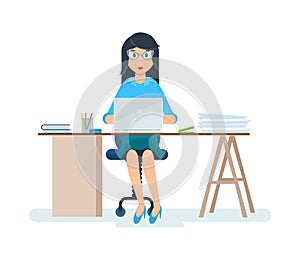 Office worker, in strict clothes, working at computer in cabinet.