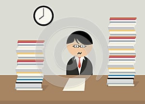Office worker swamped with work.
