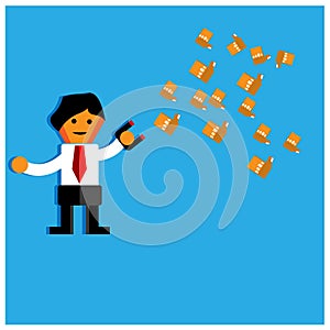 Office Worker trying to catch flying money with magnet.The Vector Illustration is showing the concept of how to earn a lot of mone