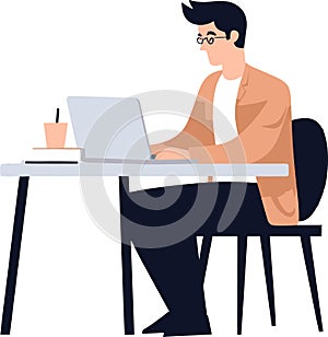 office worker using laptop on the desk, white background , illustration minimal flipart vector style