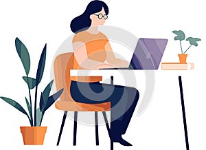 office worker using laptop on the desk, white background , illustration minimal flipart vector style