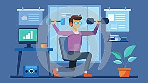 An office worker using VR to simulate a functional fitness routine lifting virtual weights and performing bodyweight photo