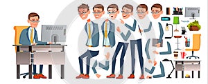 Office Worker Vector. Face Emotions, Various Gestures. Animation Creation Set. Business Man. Professional Cabinet