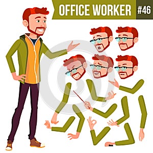 Office Worker Vector. Red Head. Face Emotions, Various Gestures. Animation Creation Set. Businessman Worker. Happy Job