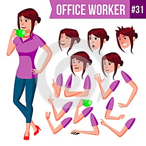 Office Worker Vector. Woman. Happy Clerk, Servant, Employee. Business Human. Face Emotions, Various Gestures. Animation