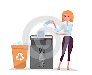 Office worker young stylish woman shredding stack of documents. Paper waste in plastic recycling bin. Big office floor shredder