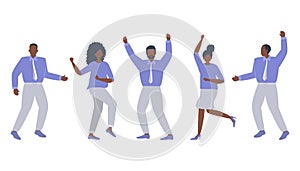 Office workers are celebrating the victory. Happy black people are dancing