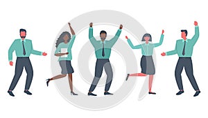 Office workers are celebrating the victory. Happy employees are dancing and jumping. International group of business people