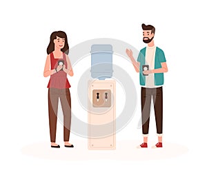 Office workers chatting near water cooler flat vector illustration. Colleagues conversation. Work break, communication