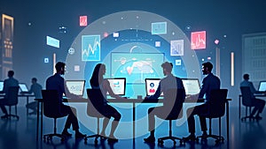 Office Workers at Computers with Data Visualizations