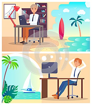 Office Workers Daydream about Vacation Abroad Set