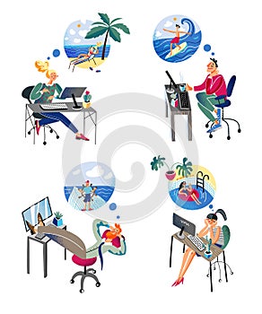 Office workers dream of vacation at sea, beach relax, surfing, sailing on yacht