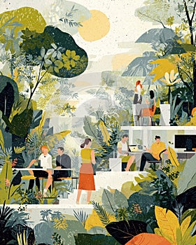Office workers enjoying biophilic design in a green workspace photo