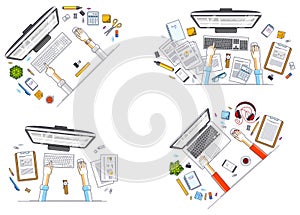 Office workers or entrepreneurs working on a PC computers, top view of workspaces desks with human hands and diverse stationery