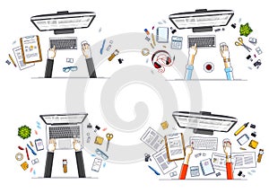 Office workers or entrepreneurs working on a PC computers, top view of workspaces desks with human hands and diverse stationery