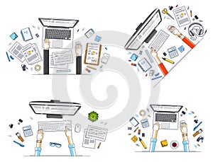 Office workers or entrepreneurs working on a PC computers, top view of workspaces desks with human hands and diverse stationery