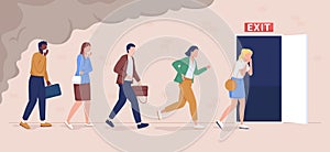 Office workers evacuation from building flat color vector illustration