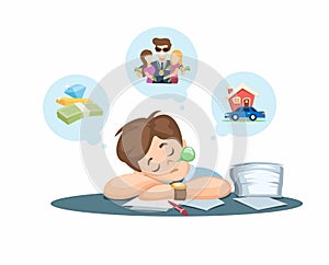 Office Workers Fall Asleep While Working And Dream Of Rich And Success Cartoon illustration Vector