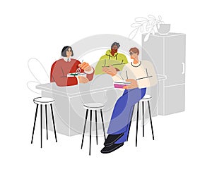 Office workers at lunch break. Colleagues sitting at dining table, having meal together, talking. Employees eat food at