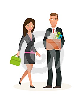 Office workers in office clothes, dismissal from work, career growth.