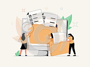 Office workers organizing data storage and file archive on server or computer. PC users searching documents on database.