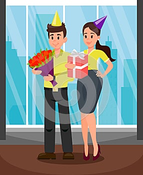 Office Workers with Presents Vector Illustration