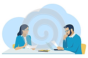 Office workers sit at the table and talk about work. Flat design. Vector illustration