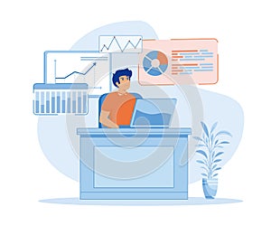 Office workers are studying the infographic, the analysis of the evolutionary scale.