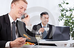 Office workers taking a break for lunch