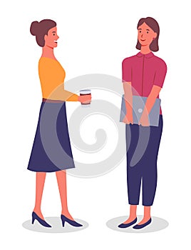 Office workers, women communicate, drink coffee, meeting in office. colleagues. Flat vector image