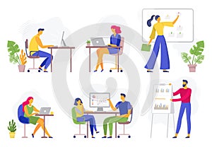 Office workflow. Working business people, remote teamwork and workers team collaboration flat vector illustration set