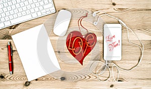 Office Working Place with Red Heart. Valentines Day. Love You