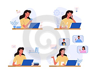 Office working process Set. Woman sitting at the table with laptop, talking by phone, communicates online with