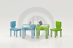 Office working table with laptop and partition shield for social distancing, 3d illustration.